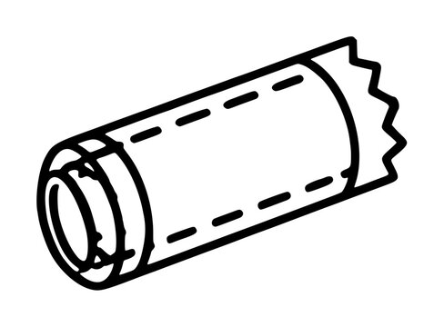 Hand-traced black outline vector illustration of a cylindrical paper coin wrapper roll with serrated crimped edge, depicting rolled coin storage tube in minimalist line art style