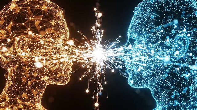Two human head profiles made of digital circuit board lines facing each other on black background
