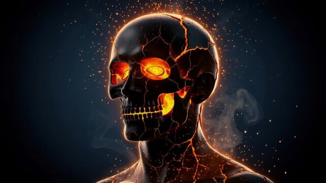 Glowing fiery human skull with cracks and embers in dark background, hot lava and molten energy concept