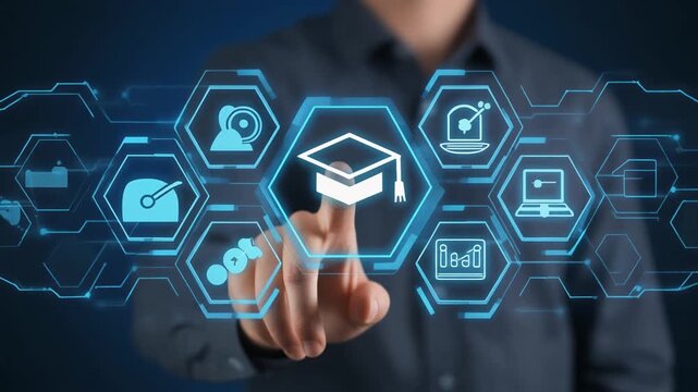 A person in a suit interacting with a transparent digital interface of hexagonal icons, symbolizing e‑learning, academic progress, and technological advancement in education.