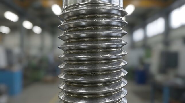 Close-up of shiny silver metal threaded rod in blurred industrial factory workshop with overhead lights and machinery
