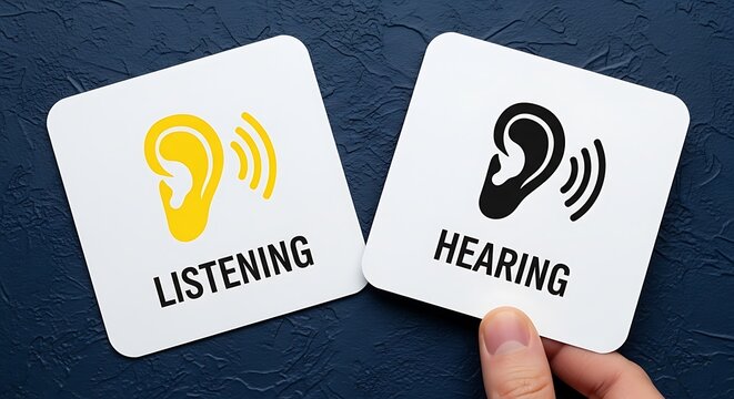 Two cards with ear symbols, one yellow & one black, representing listening and hearing
