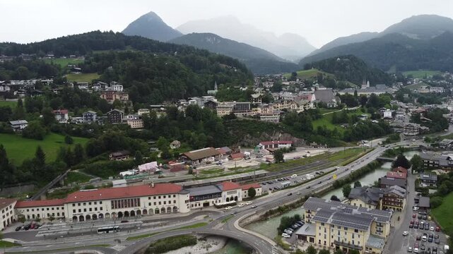 aerial view of the city Berchtesgaden in the Berchtesgadener Land Region, Bavaria, Germany 4k