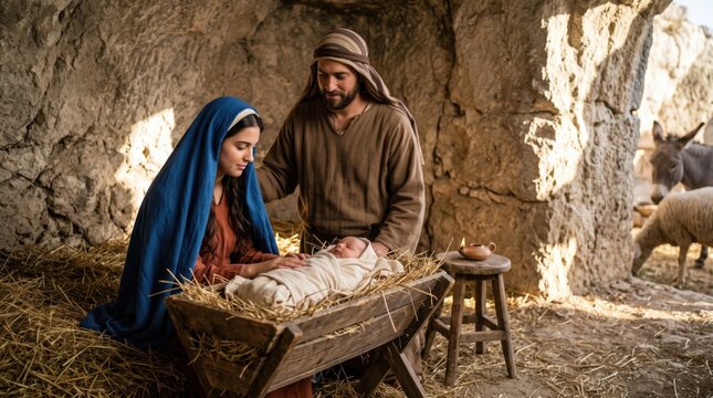 Woman and man standing over baby in manger at stable. Biblical nativity scene representing birth of Jesus in Bethlehem. Traditional Christmas holiday concept of holy family.