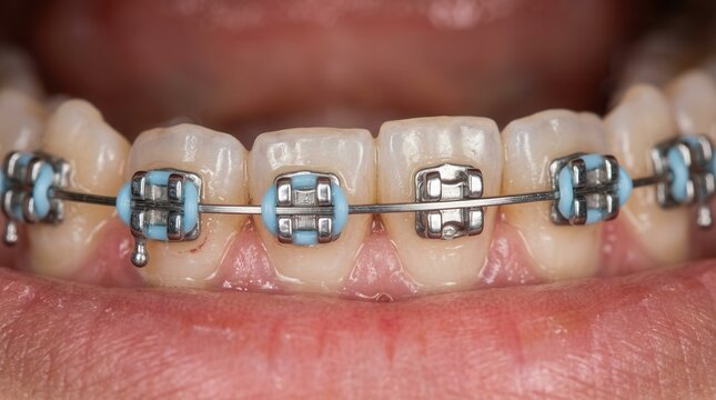 A Detailed Macro View of Metal Orthodontic Braces Enhancing Dental Alignment and Smile Aesthetics for Optimal Oral Health and Confident Expression