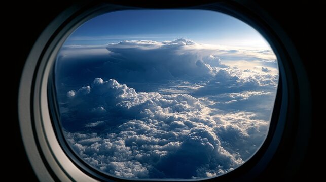 Deep blue sky and fluffy clouds viewed through an airplane window, travel and freedom concept
