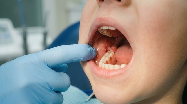 Professional Oral Examination: A Close-Up View of a Dentist Assessing Dental Health and Hygiene in a Clinical Setting for Pediatric Patient Care and Preventive Medicine.