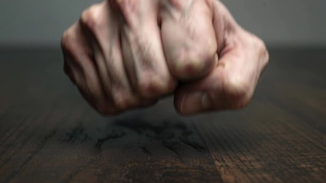 Close-up of clenched fist on wooden surface showing strength and determination