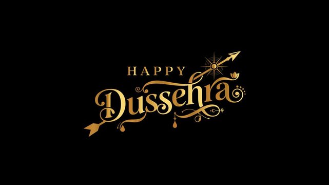 Happy Dussehra Golden Text Animation with Arrow and Sparkles on Black Background.