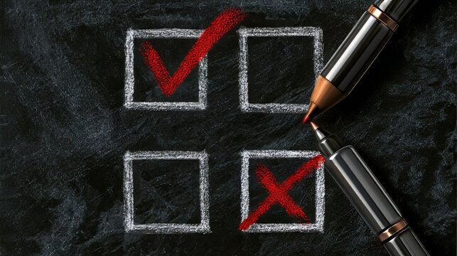 Detailed vector illustration of checkboxes showing passed and failed options on a blackboard.