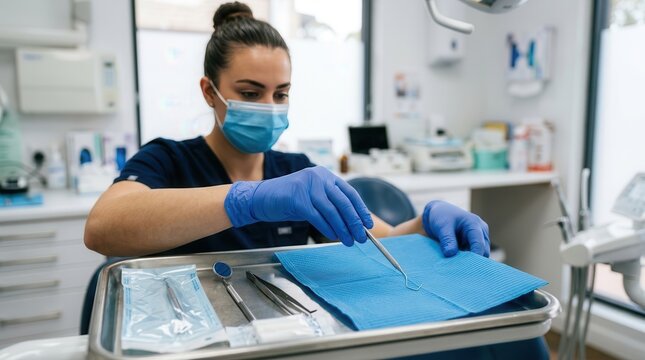 A dedicated dental professional meticulously preparing sterile instruments in a modern clinical setting, emphasizing precision and hygiene in contemporary oral healthcare practice.