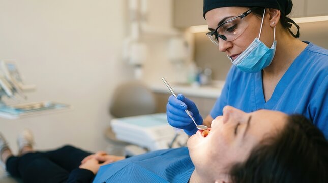 Professional Dentist Performing Oral Examination and Dental Treatment Procedure on a Patient in a Modern Sterile Clinic Setting for Optimal Dental Health and Hygiene Maintenance