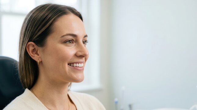 A Radiant Portrait of a Smiling Woman Expressing Serenity and Professional Confidence in a Bright Light-Filled Interior Setting Capturing Natural Beauty and Positive Human Emotion