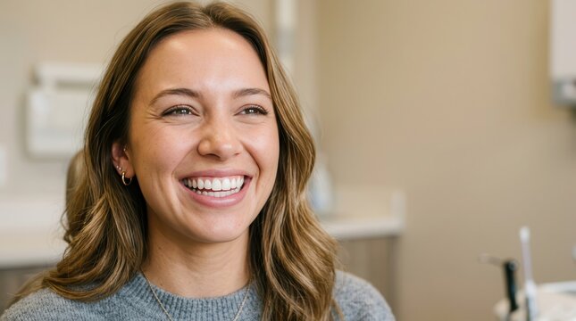 A Radiant Portrait of a Joyful Young Woman Sharing a Bright and Confident Smile During a Professional Dental Consultation for Optimal Oral Health and Wellness