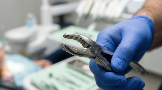 Professional Dental Forceps Held by a Clinician in Blue Medical Gloves for Oral Surgery Procedures in a Sterile Clinic Environment