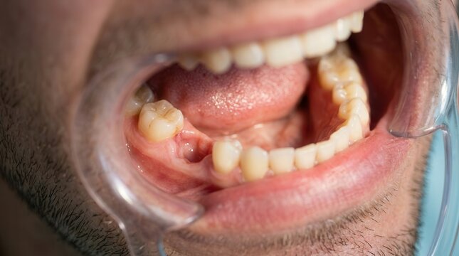 A Close-up Clinical Examination of Human Dental Anatomy Showing a Missing Molar and Gum Tissue Health in a Professional Dentistry Setting for Oral Care and Surgical Assessment