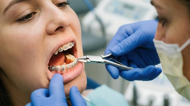 Professional Orthodontic Treatment: A Detailed View of a Dental Specialist Adjusting Metal Braces on a Patient's Teeth for Optimal Smile Alignment and Oral Health Improvement