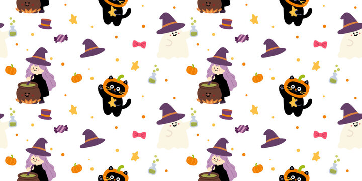 Seamless Halloween Kawaii Character Pattern with Witches and Cats