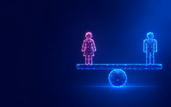 Digital representation of gender equality featuring a male and female figure balancing on a scale. women's equality day equality abstract fairness technology. women's equality day