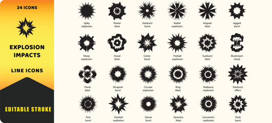 Explosion impacts vector icons. Boom blast vector signs set. Explosion icon. Impact burst icon © EMON