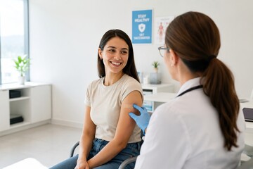 Fototapeta premium Happy woman talking with doctor after vaccination in modern clinic, preventive healthcare, trust and immunization concept