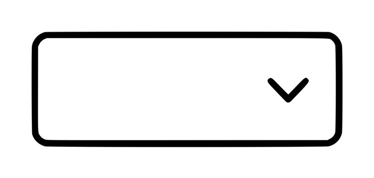 Hand-drawn vector dropdown menu icon, minimalist rounded rectangle box with downward chevron arrow, simple UI interface element outline illustration
