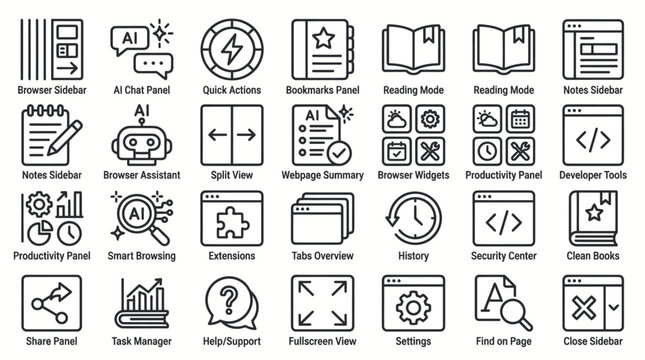 Browser productivity and sidebar widget line icon set.