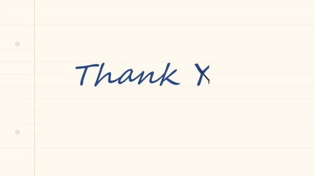 Thank You handwritten script animation on lined notebook paper, casual appreciation title on a light background