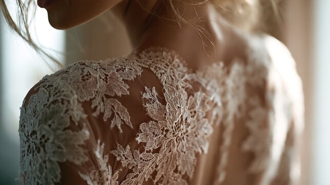 Close-up of intricate lace detail on a wedding dress with soft natural light