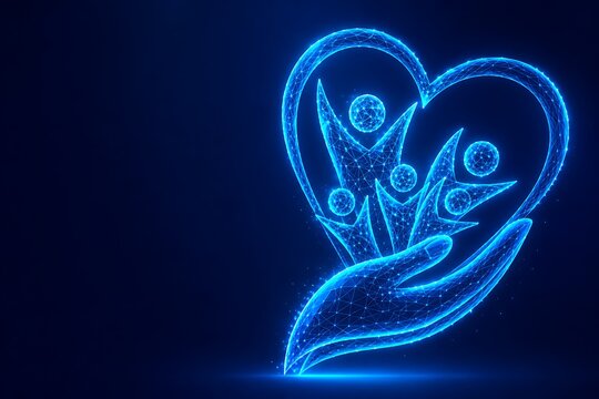 Abstract digital artwork showing a protective hand holding a group of people inside a heart. women's equality day with protection community abstract technology. women's equality day