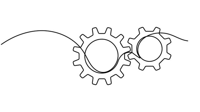 Two automation cogwheel gears icon sign continuous one line drawing moving on white background minimalist success operation symbol animation video