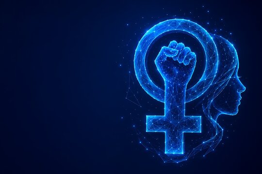 Abstract wireframe illustration of a raised fist inside a female gender symbol and profile. women's equality day with empowerment activism abstract technology. women's equality day