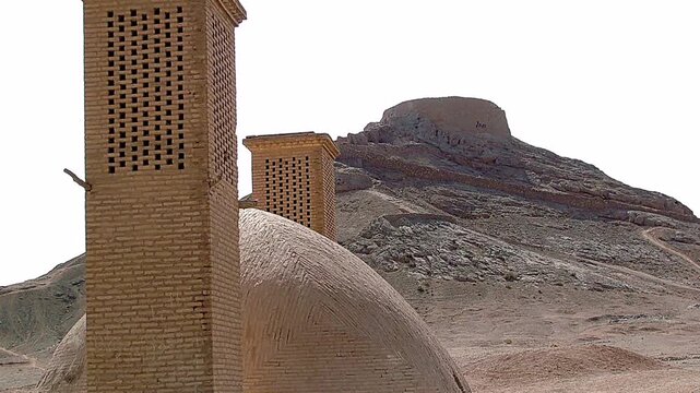 Iran,Yazd,26-10-2005 The Towers of Silence (or dakhmas) in Iran are ancient circular structures made of stone and brick, located on the desert hills on the outskirts of Yazd. Zoroastrianism ritual
