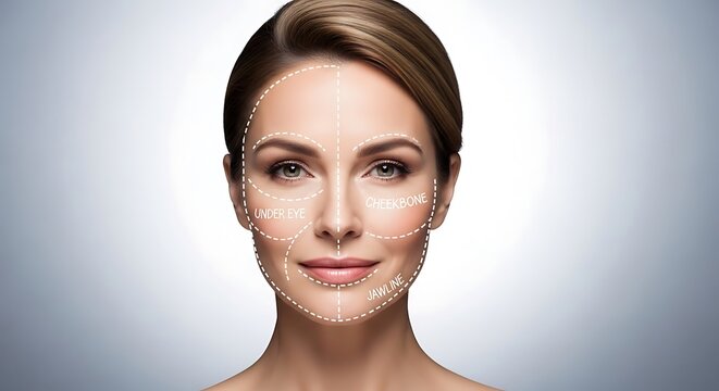 Woman's face with dotted lines overlay, indicating facial zones for cosmetic treatments