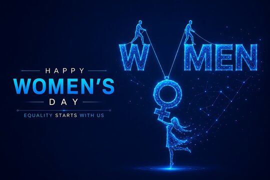 Happy women's day illustration featuring female silhouette with gender symbol and balance scales concept in glowing digital style. women's equality day, equality, celebration. women's equality day