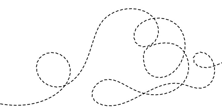 Minimalist abstract graphic illustration featuring a black dashed line with elegant loops and swirling paths on a white background