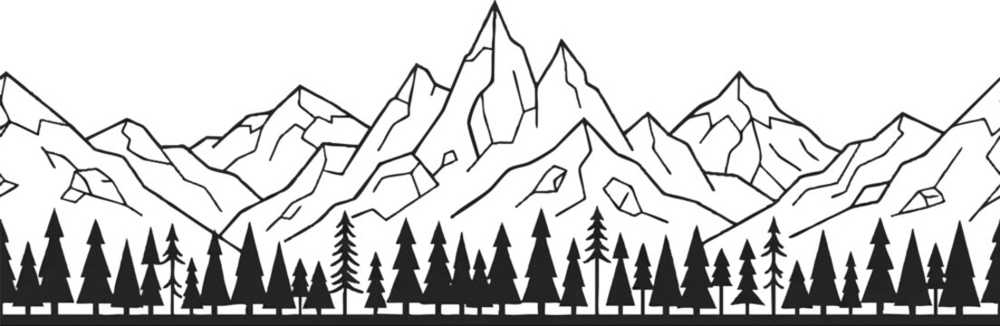 Alpine mountain landscape border with rocky peaks and pine trees. Scenic nature frame illustration for travel brochures and outdoor branding.