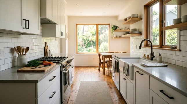 Bright Modern Kitchen with White Cabinets, Subway Tile, and Natural Light