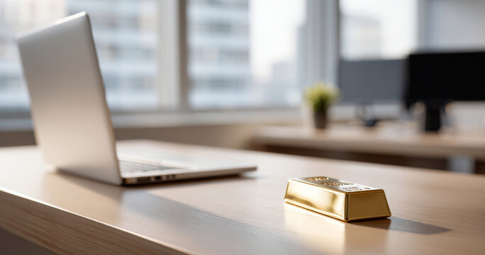 Gold bar placed on wooden desk near laptop with blurred background of modern workspace and large