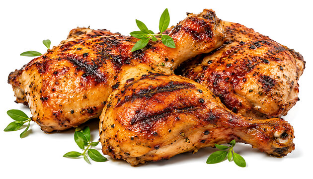 Roasted chicken drumsticks seasoned with herbs and spices isolated on white background