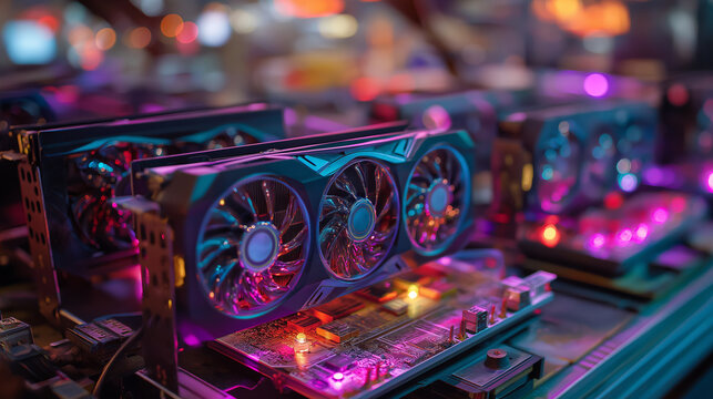 Crypto mining rig farm with rows of powerful graphic cards GPU close up, Modern video cards with neon RGB lighting for artificial intelligence data processing, generative ai