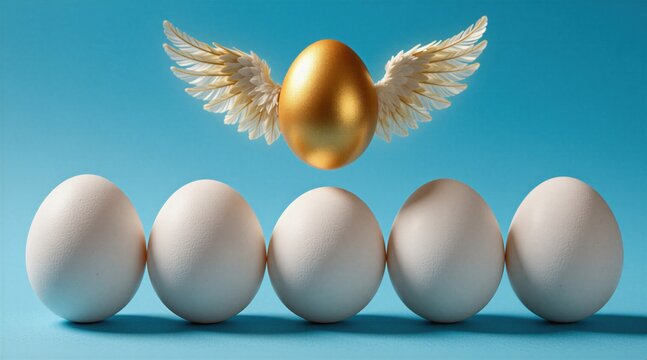 Golden winged egg hovers above white eggs on blue background. Concept of uniqueness, aspiration, and standing out from the crowd for business success.