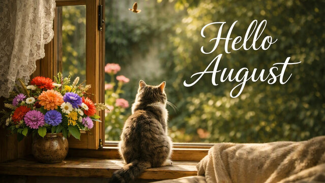 Hello August &mdash; cozy summer morning with cat sitting on wooden windowsill beside colorful bouquet, gazing outside at butterfly and lush garden. Seasonal greetings, typography, postcard, calendar.
