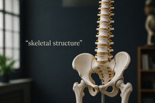 A detailed anatomical model of the human spine and pelvis is displayed in a dimly lit indoor setting.