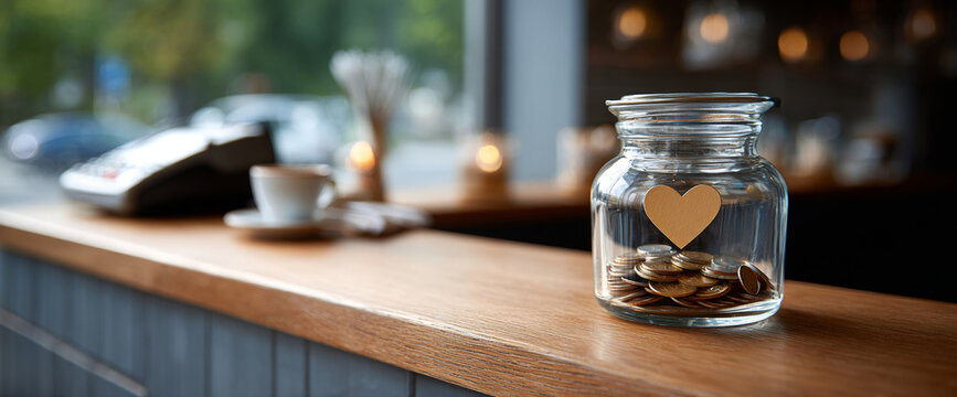 Glass jar filled with coins and a heart-shaped label on wooden counter in cozy cafe with blurred background