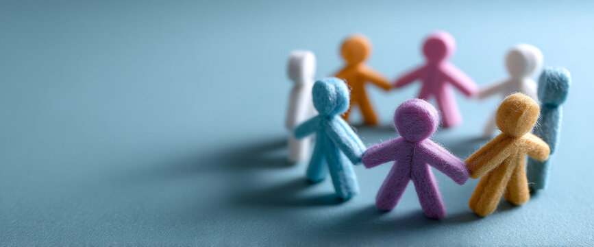 Colorful felt figures holding hands in a circle on a blue surface symbolizing unity and teamwork in a collaborative environment