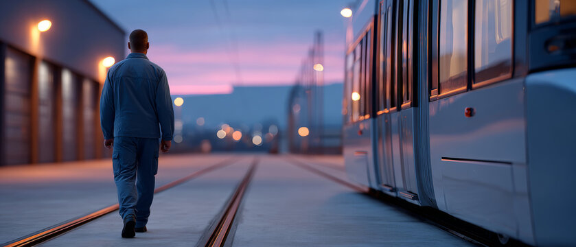 Man walking along tram tracks at dusk near modern tram with city lights and pink sky in background
