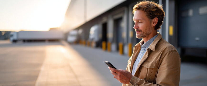 Man using smartphone outdoors near warehouse loading docks during sunset with trucks in background