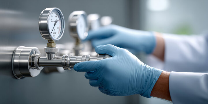 Close-up of technician wearing blue gloves adjusting industrial pressure gauges on stainless steel pipes in a laboratory or manufacturing environment
