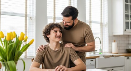 Obraz premium Happy Father and Teenage Son Bonding in Bright Modern Kitchen with Yellow Tulips, Father Supporting Son at Home